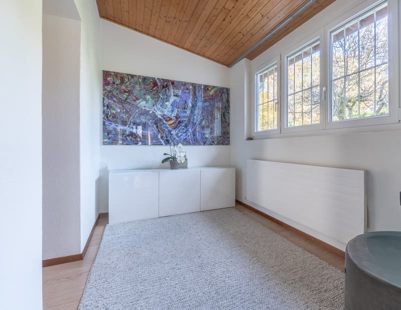 Empty room with carpet, two windows, wooden ceiling, large painting, potted plant, radiator