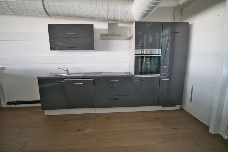 modern kitchen with grey cabinets, stainless steel sink, stove, oven, and extractor hood, wooden floor