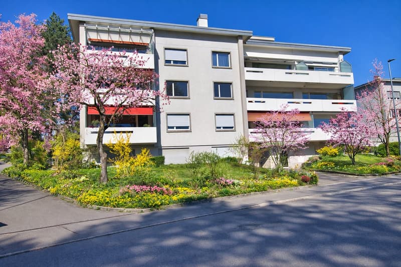 3 story apartment building, white exterior, balconies, red awnings, garden in front