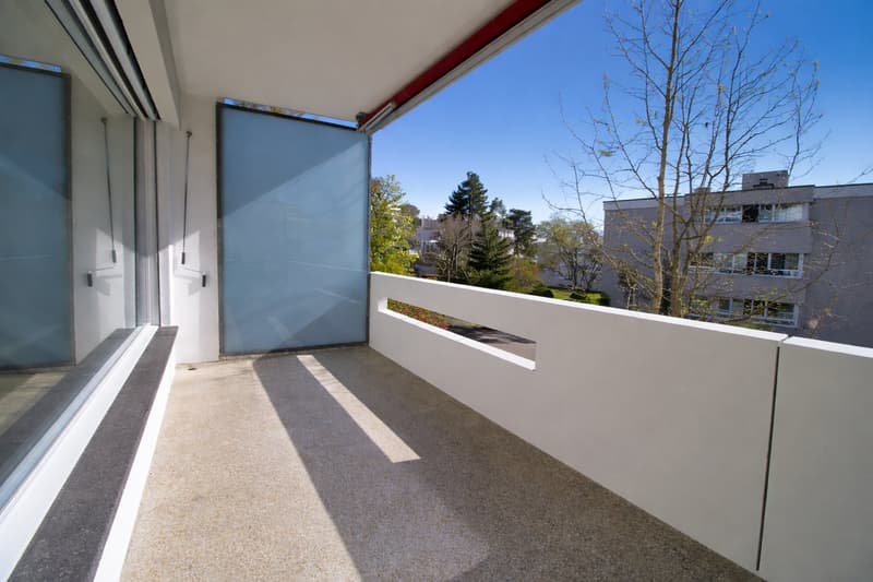 Balcony with white railings, glass walls, concrete floor, view of trees and buildings