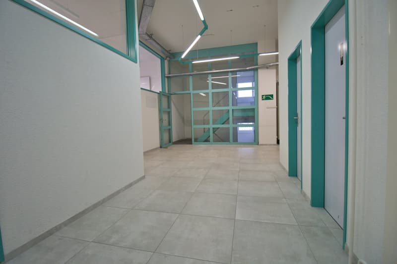 Empty hallway with white walls, tiled floor, and green-framed doors.