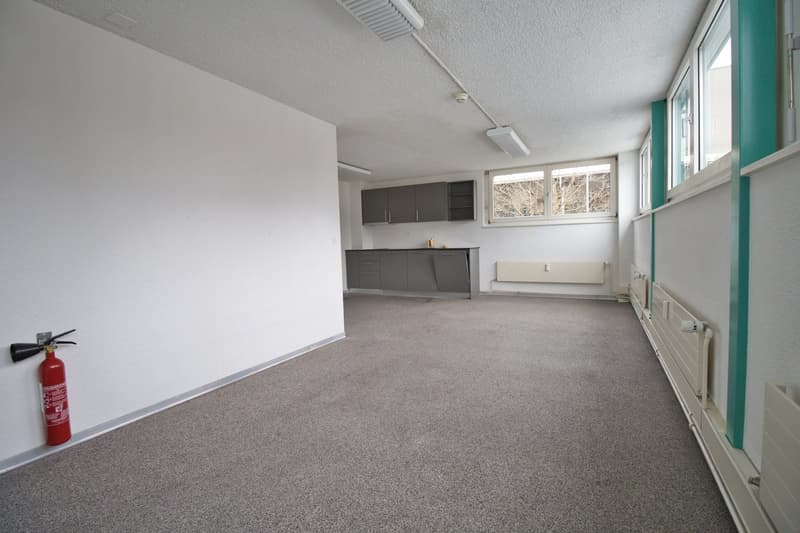 empty room, white walls, gray carpet, fire extinguisher, kitchen area with cabinets, windows