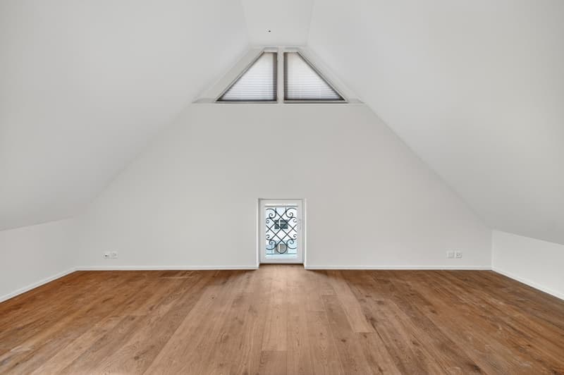empty room, wooden floor, white walls, glass door, triangular window