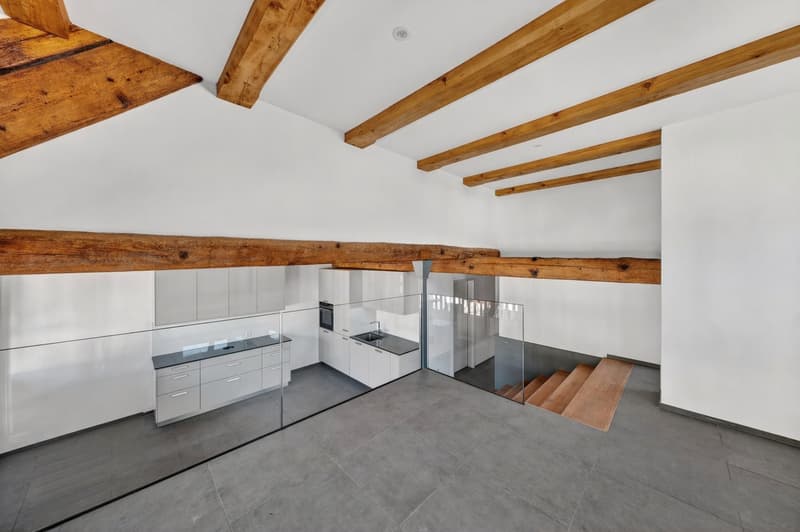 modern kitchen with wooden beams, glass wall, white cabinets, gray tiled floor, stainless steel appliances