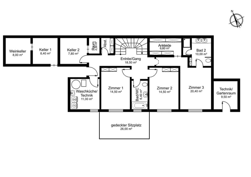 Entrance, hallway, 3 bedrooms, 2 bathrooms, kitchen, utility room, covered seating area, terrace