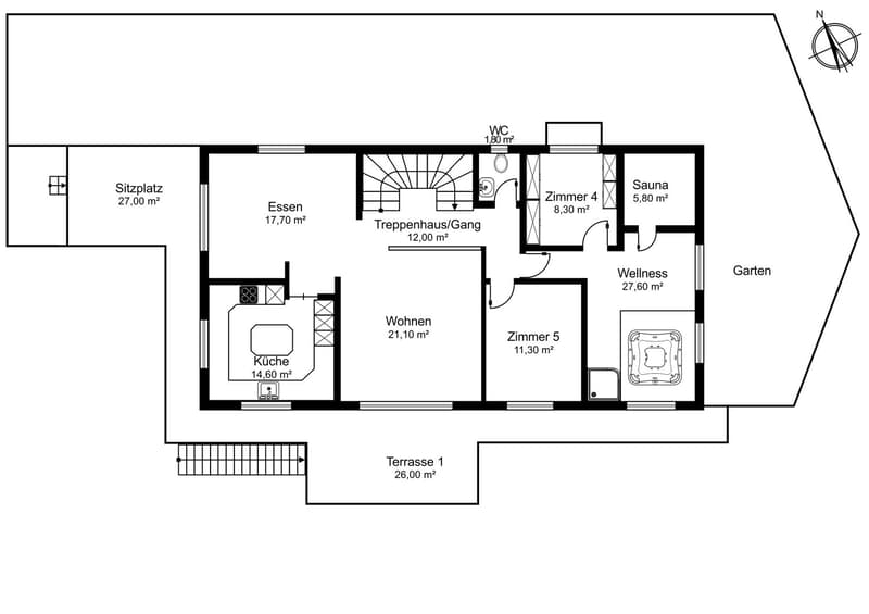 Floor plan with living room, kitchen, 4 bedrooms, 2 bathrooms, sauna, wellness area, terrace, and garden