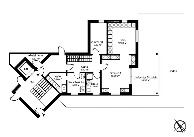 Living room, kitchen, 3 bedrooms, 3 bathrooms, balcony, office, cellar, covered seating area, garden