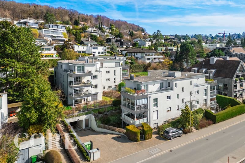 Aerial view of a residential area with multiple buildings, some with balconies, surrounded by trees and greenery.