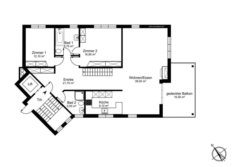Entrance, 2 bedrooms, 2 bathrooms, kitchen, dining/living room, covered balcony