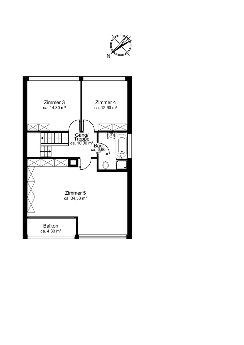 3 bedrooms, 1 bathroom, hallway, staircase, bathroom, balcony