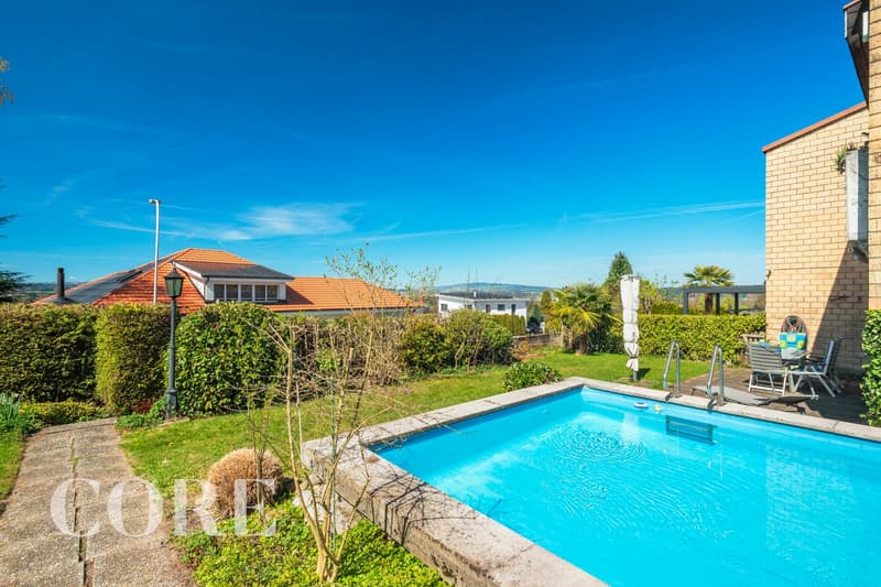 Outdoor swimming pool, garden, patio, chairs, table, hedges, clear blue sky