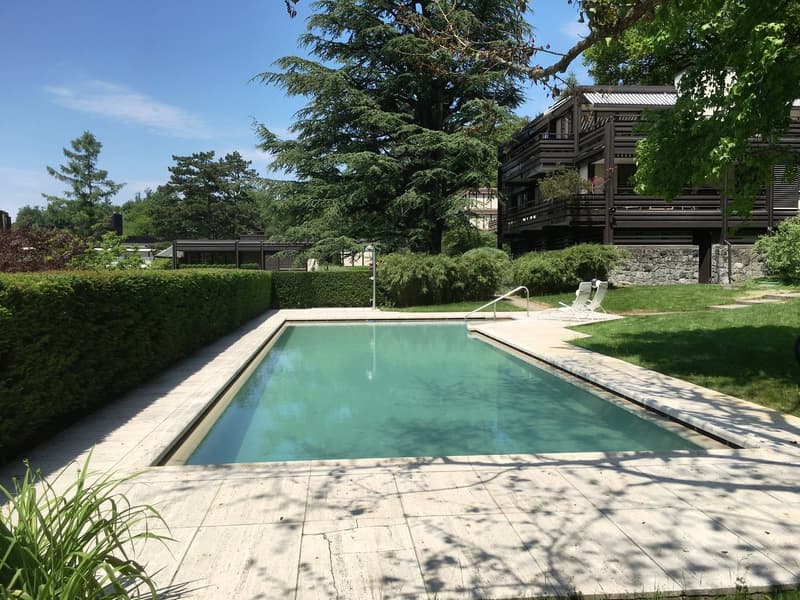 Pool für die Bewohnenden der Anlage. Saunaeingang hinten rechts
