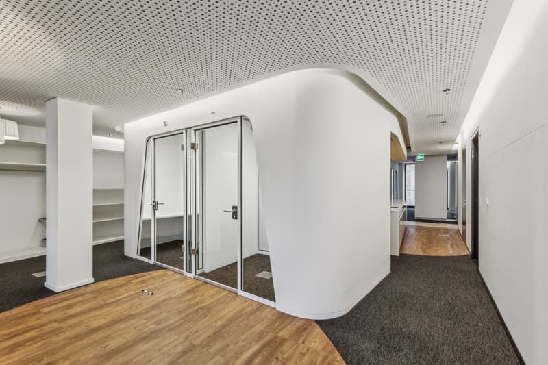 Office space with modern design, white walls, glass doors, wood floor, metal ceiling, shelves, tiled sections