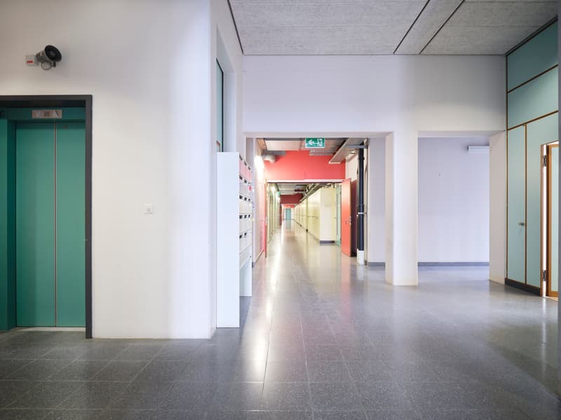 Long hallway in an apartment building with tiled floors, colorful doors on both sides, a ceiling with fluorescent lights, and an elevator on the left side.