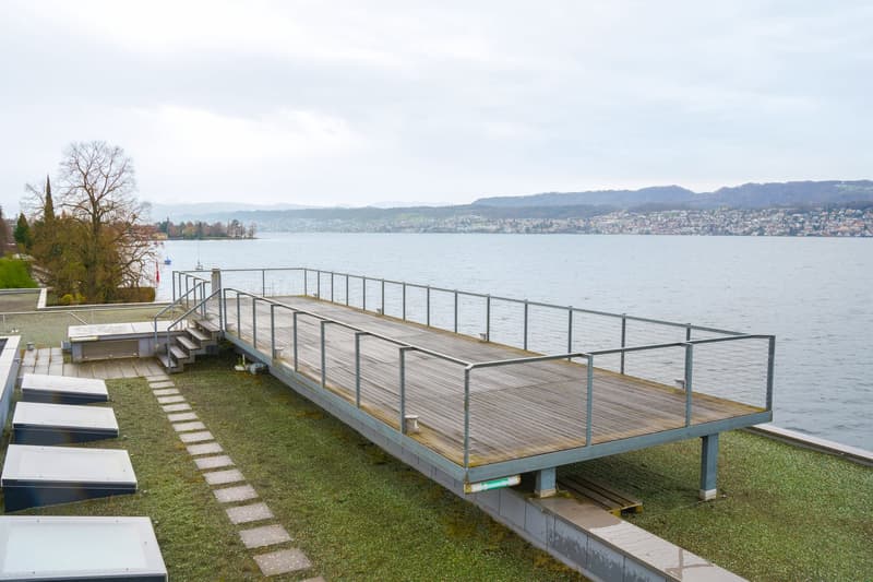 Deck, stairs, railings, grassy ground, body of water, mountains