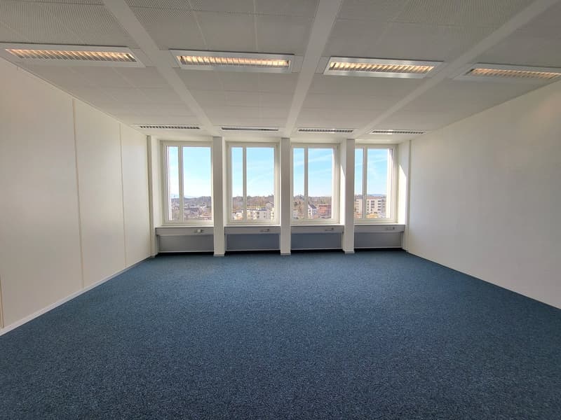 Large open room, carpeted floor, large windows, radiators along wall, view of the city