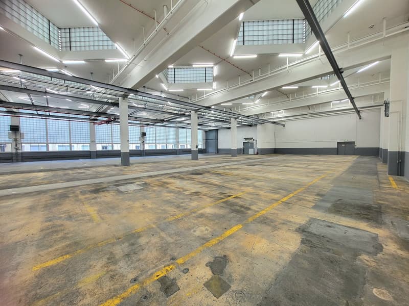 empty warehouse, concrete floor, large windows, metal beams, parking space