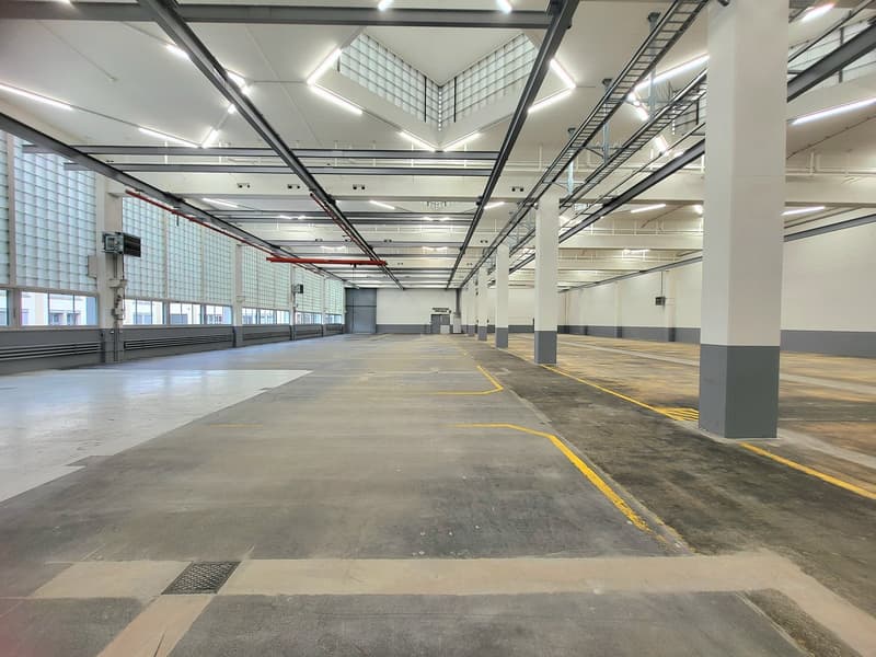 empty industrial building, white walls, grey pillars, yellow markings on floor, glass windows, metal pipes, grey pavement