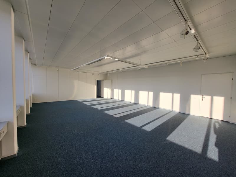 Empty room with white walls, gray carpet, recessed ceiling lights, and large windows