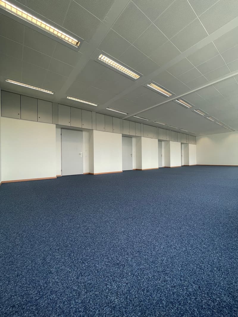 The image shows a large, open office space with a gray suspended ceiling, white walls, and a blue carpeted floor. The space appears to be divided into multiple sections or rooms, with several doors along the walls. The lighting fixtures are recessed into