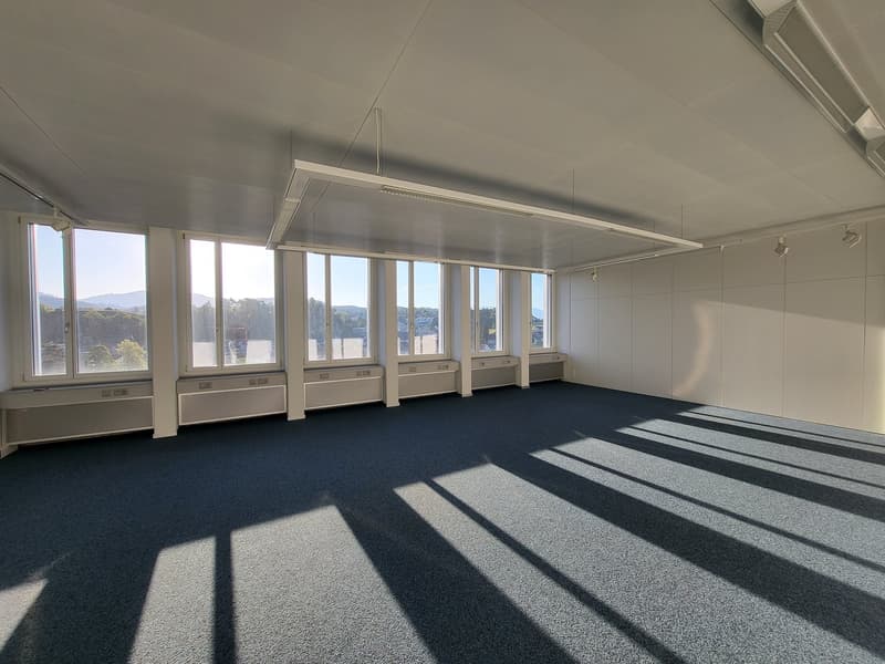 Empty room with white ceiling, white walls, carpeted floor, and large windows