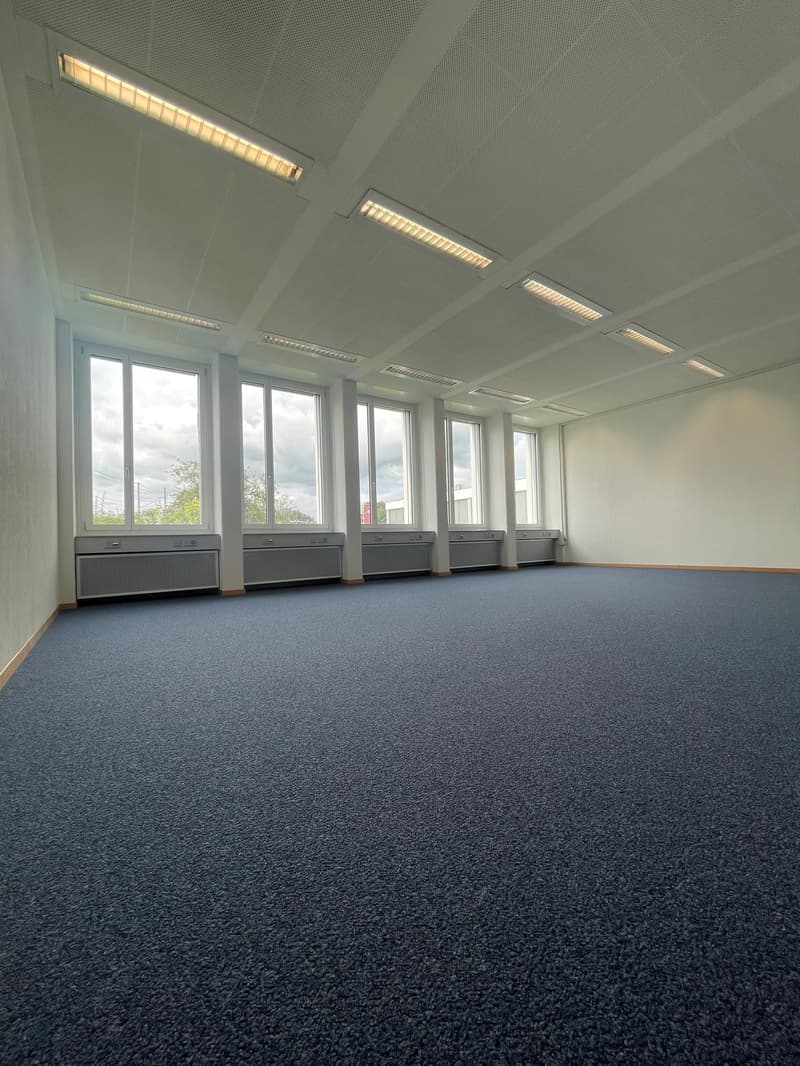 Spacious empty room, white walls, multiple windows, blue carpet, central air conditioning units