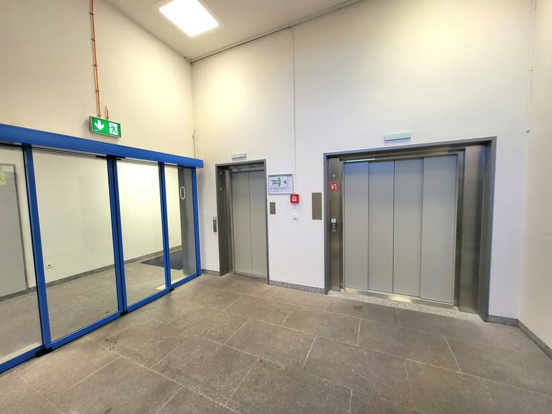 empty hallway, two elevators, glass doors, blue trims, ceiling light, tiled floor
