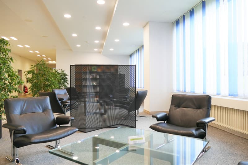 Spacious office lobby with leather chairs, glass coffee table, and a modern shelving unit. The room has large windows providing natural light and a cozy atmosphere.