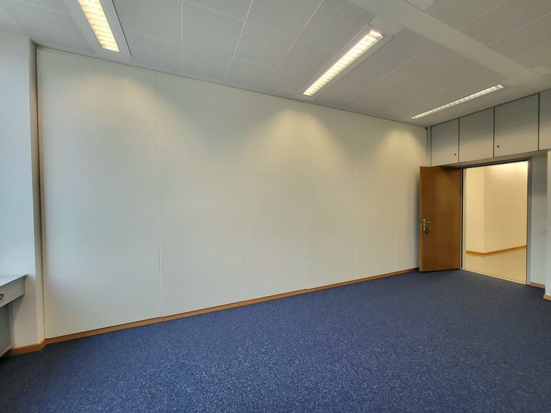 Empty room, white walls, blue carpet, ceiling lights, a door, and a wooden door at the end.