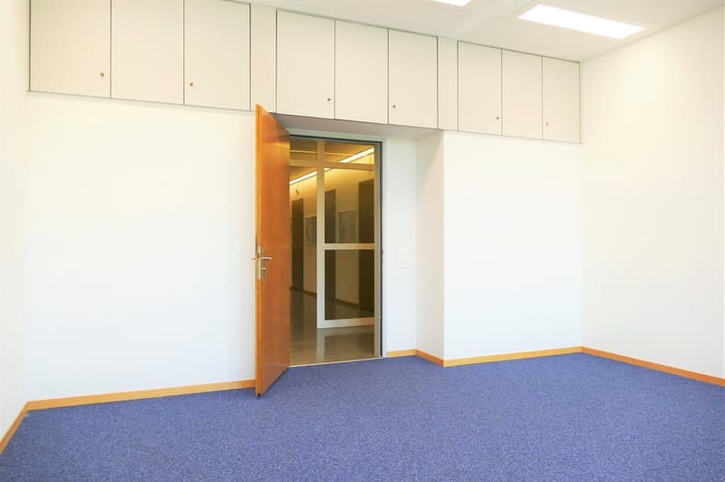 The image shows an empty office space with white walls, wooden cabinets along the top, and a blue carpeted floor. There is a wooden door with a glass panel that leads to another room or hallway.