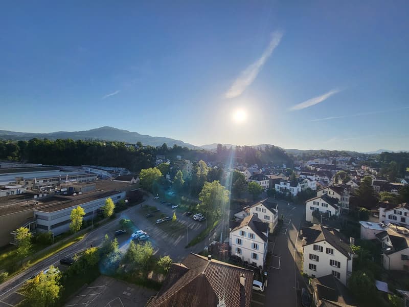 Mountains, several houses, parking lots, roads, greenery, sun in the sky