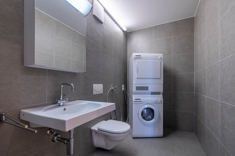 Modern bathroom with grey tiled walls, a white sink with a chrome faucet, a toilet, and a stacked washer-dryer unit.