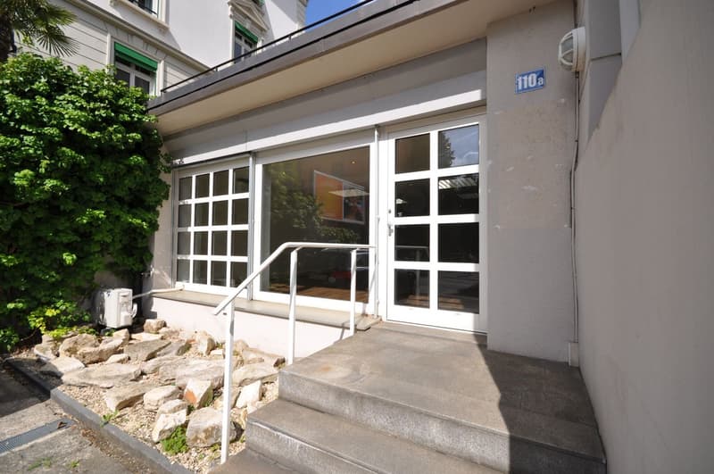 White building with glass doors and windows, steps leading to the entrance, air conditioning unit on the left, plants on the left side