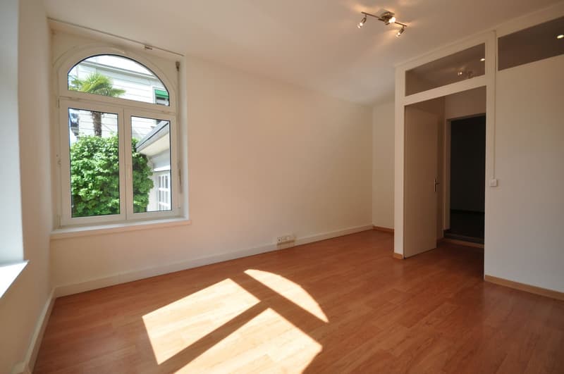empty room, wooden floor, white walls, large window, view of trees