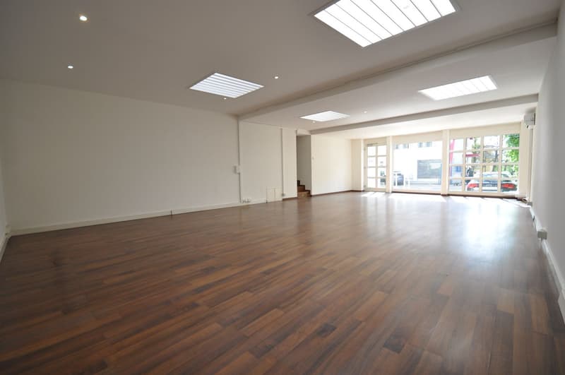 large open space, hardwood floors, white walls, glass doors, large windows, ceiling lights