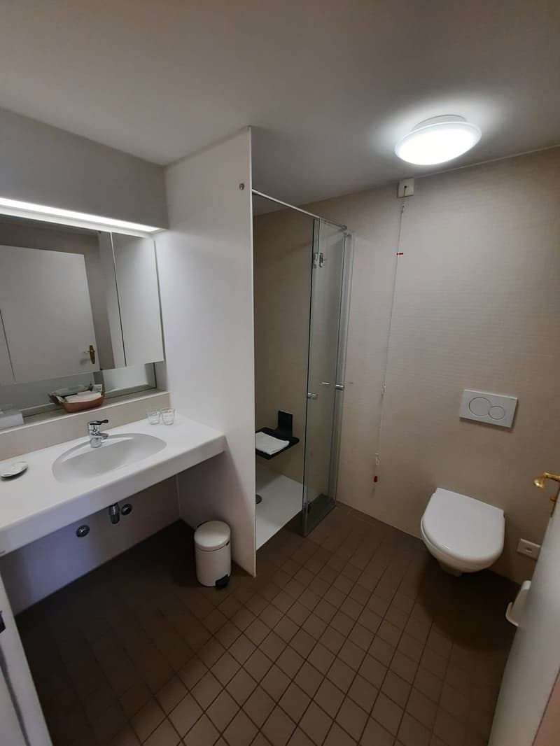 Modern bathroom with tiled floor, shower, sink, toilet, and a mirror above the sink.