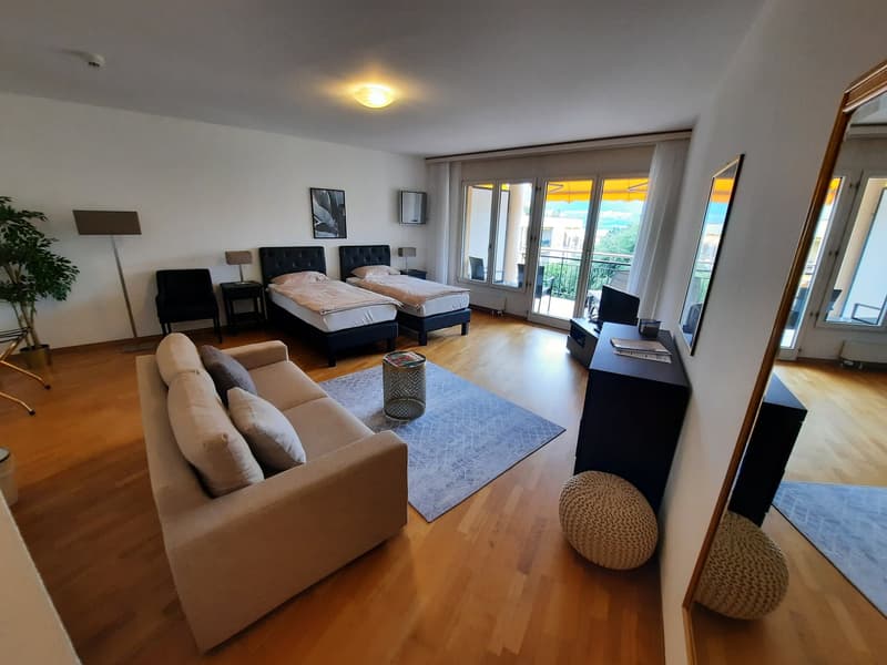 Two twin beds, couch, side tables, TV, lamps, rug, large windows, balcony with chairs