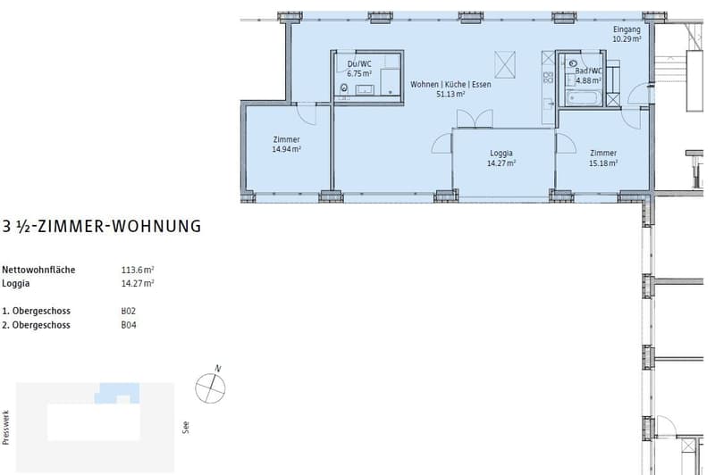Floor plan of a 3 1/2-room apartment with living room, kitchen, dining area, 2 bedrooms, bathroom, and separate toilet.