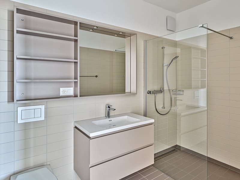 white sink, white cabinetry, white tiles, glass walk-in shower, white toilet