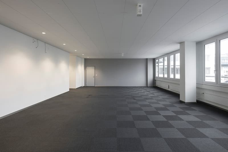 empty room, white walls, gray tile flooring, large windows, grey door