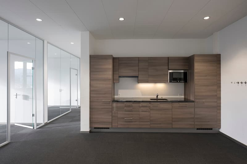 wooden cabinets, black countertops, built-in microwave, stainless steel sink, faucet, power outlets, overhead lighting