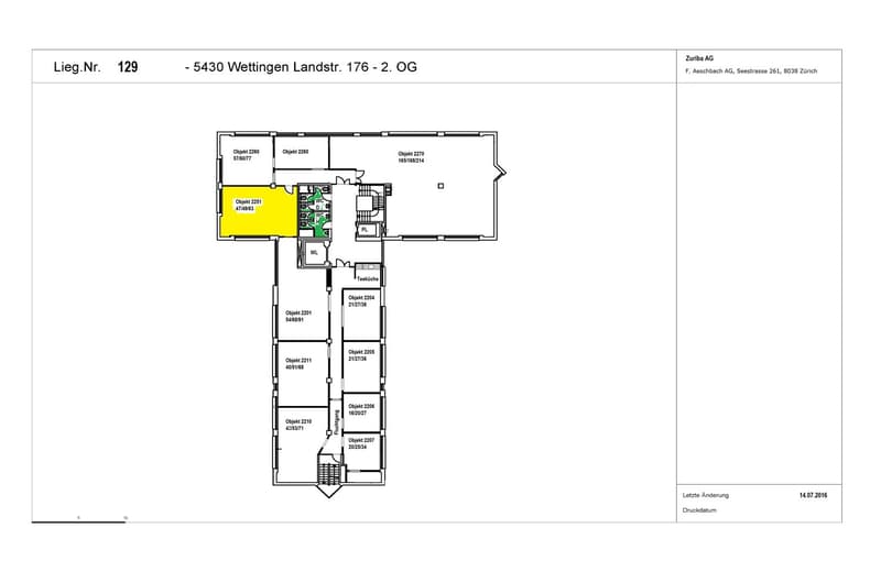 The floor plan shows a commercial or office building with multiple rooms and spaces. The highlighted area in yellow appears to be a larger room or office space. The building also has a parking place visible in the plan.