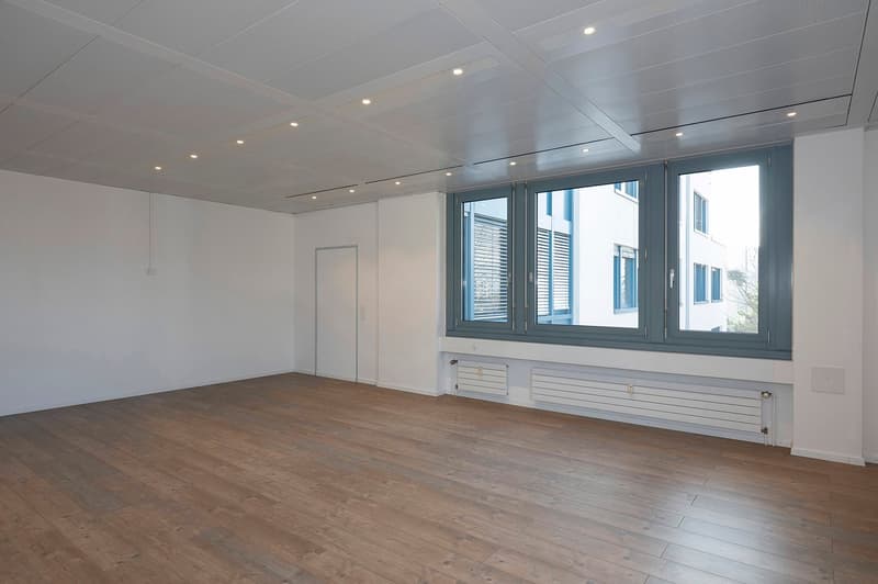 empty room, wooden floor, white walls, gray framed windows, ceiling with recessed lighting
