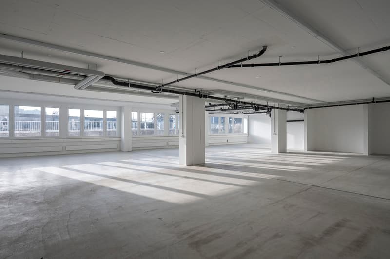 Spacious room with white walls, concrete floor, large windows, pipes on ceiling, empty
