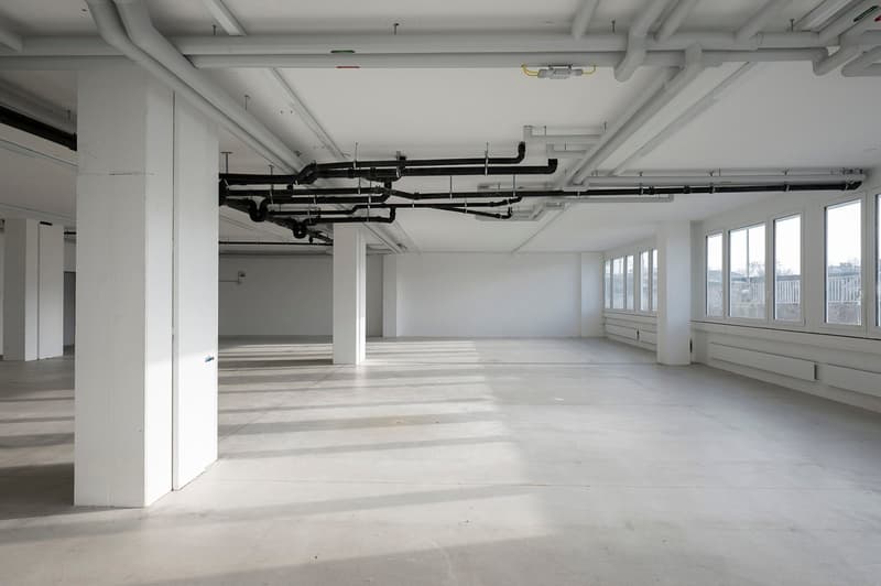 large empty room, concrete floor, many large windows, exposed white pillars