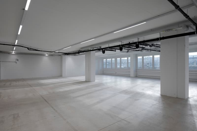 Large, empty, white room with visible white pillars, large windows, concrete floor, exposed pipes, no furniture