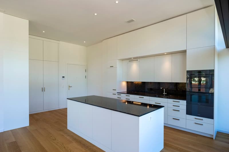 white cabinets, granite countertop, stainless steel oven and microwave, granite backsplash, hardwood floors
