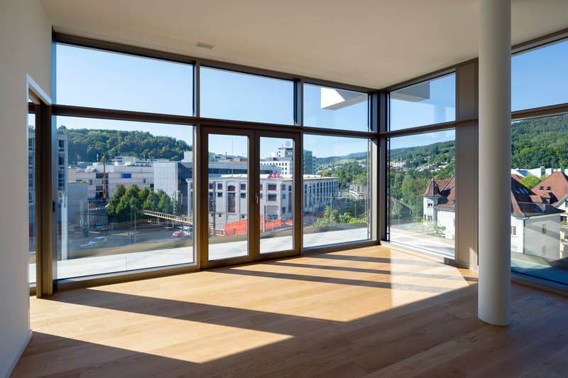 Sliding glass doors, hardwood floors, modern style, panoramic windows, city view