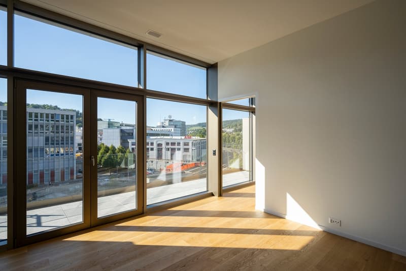 large windows, hardwood floors, modern style