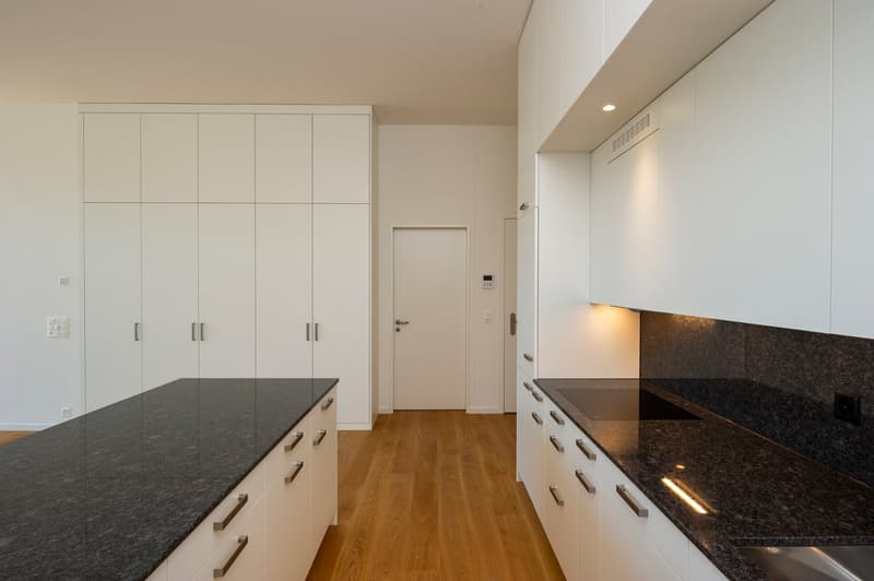 modern kitchen with sleek white cabinetry, granite countertops, stainless steel appliances